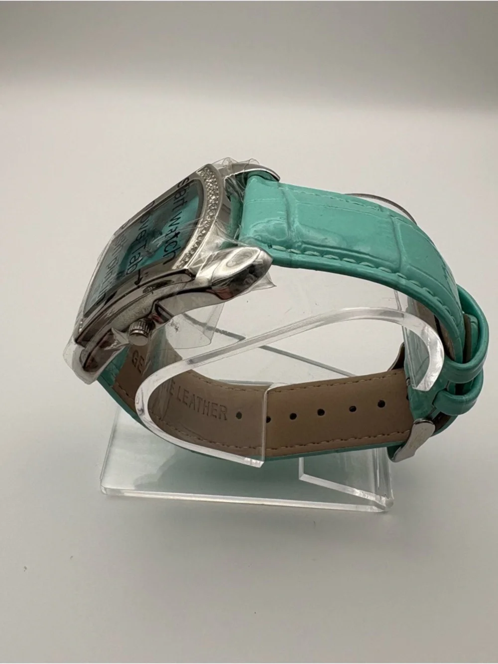 NWT Burgi Aqua Rhinestone Dial Faux‎ Crocodile Band Women's Watch